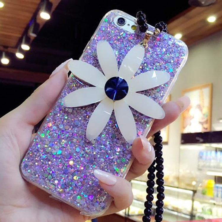 For  iPhone 8 & 7  3D Daisy Glitter Powder Soft Protective Back Cover Case with Sling