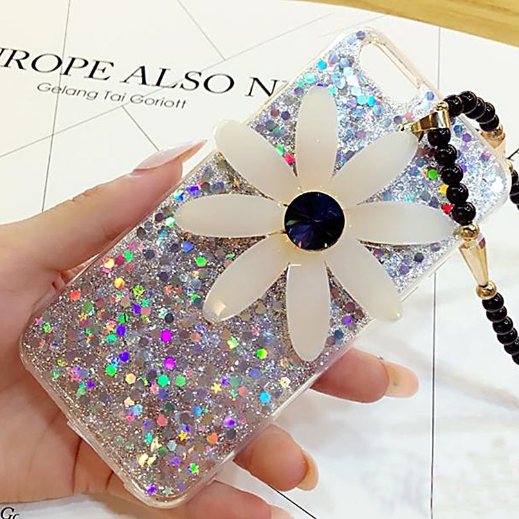 For  iPhone 8 & 7  3D Daisy Glitter Powder Soft Protective Back Cover Case with Sling