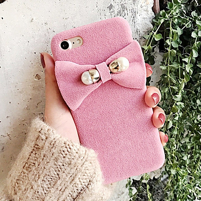 For  iPhone 8 & 7  3D Pearl Bowknot Plush Cloth Protective Back Cover Case