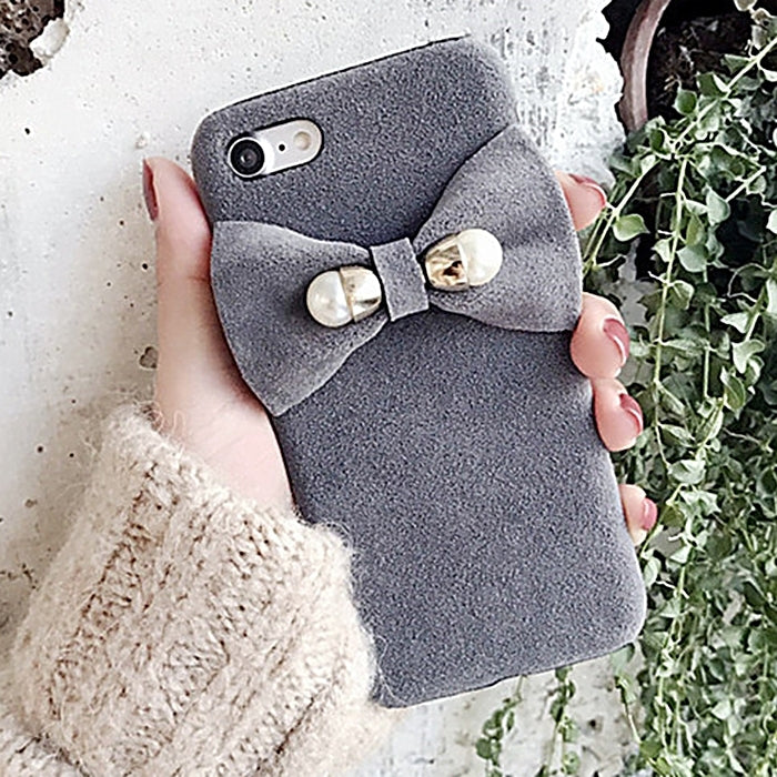 For  iPhone 8 & 7  3D Pearl Bowknot Plush Cloth Protective Back Cover Case