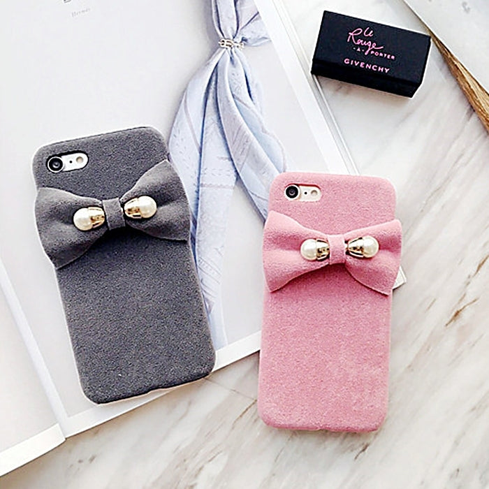 For  iPhone 8 & 7  3D Pearl Bowknot Plush Cloth Protective Back Cover Case