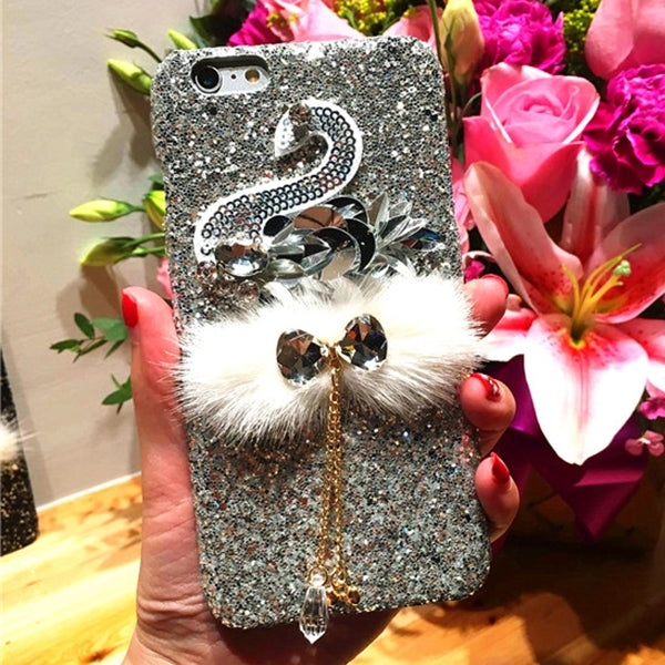 For  iPhone 8 & 7  Swan Glitter Powder Sequins Protective Back Cover Case with Plush + Diamond Pendant (Silver)