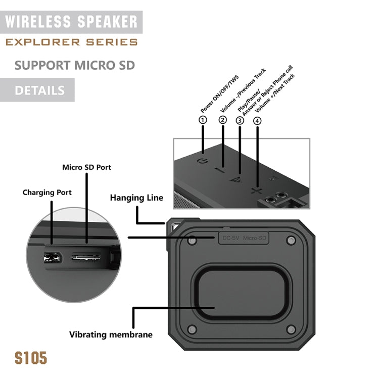 Lenyes S105 IPX7 Waterproof HiFi Bass Wireless Bluetooth Speaker, Support Hands-free / Micro SD Card