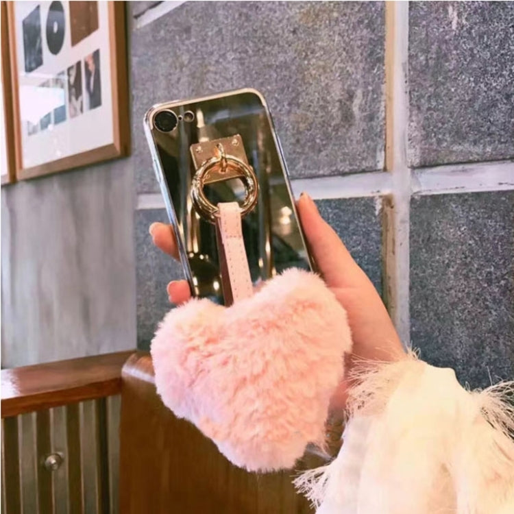 For  iPhone 8 & 7  Electroplating Mirror TPU Protective Back Cover Case with Heart Shape Fur Ball Pandent