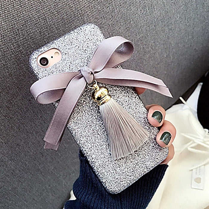 For  iPhone 8 & 7  3D Ribbon Bowknot Glitter Powder Protective Back Cover Case with Tassels Pandent