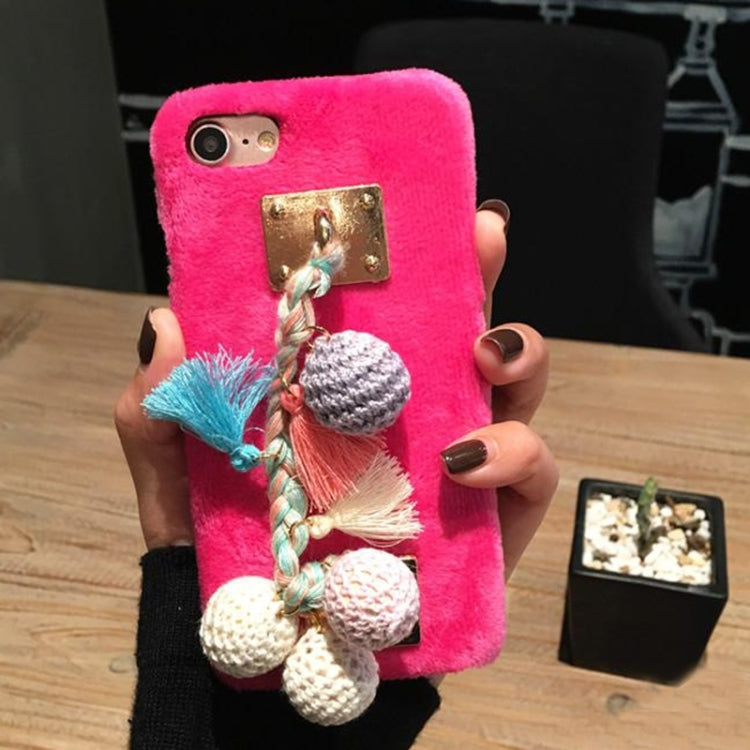 For  iPhone 8 & 7  Plush Protective Back Cover Case with Hand Chain Colorful Knitting Wool Ball & Tassels Pandent