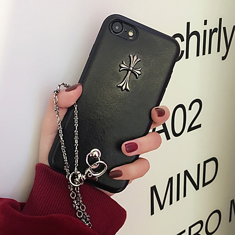 For  iPhone 8 & 7  Metal Cross PU Leather Protective Back Cover Case with Hand Chain (Black)