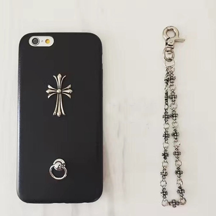 For  iPhone 8 & 7  Metal Cross PU Leather Protective Back Cover Case with Hand Chain (Black)