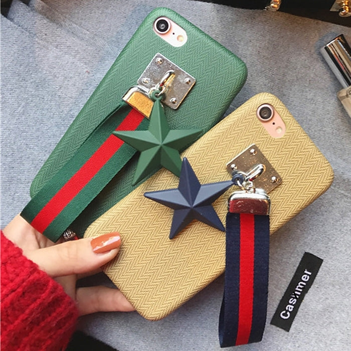 For  iPhone 8 & 7  PU Leather Star Pandent Protective Back Cover Case with Cloth Lanyard