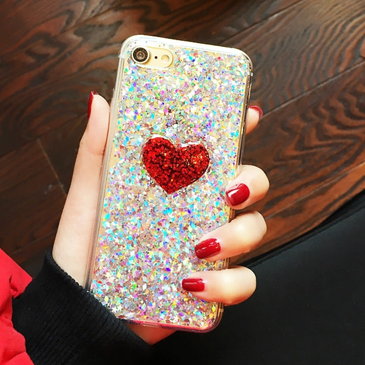 For  iPhone 8 & 7  Red Heart Shape Glitter Powder Soft TPU Protective Back Cover Case(White)