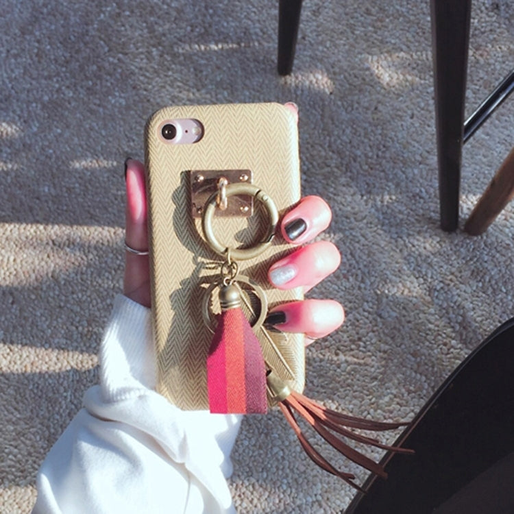 For  iPhone 8 & 7  PU Leather Ethnic Style Protective Back Cover Case with Leaf & Tassels Pandent (Khaki)