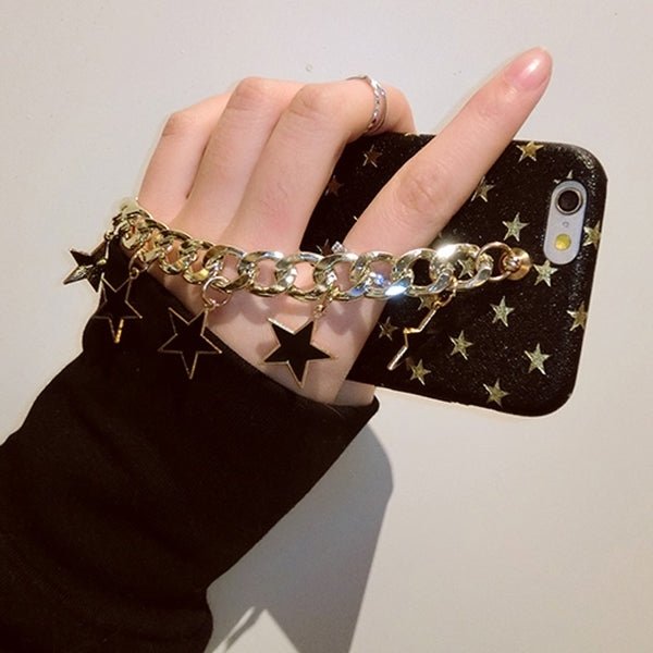 For  iPhone 8 & 7  Gold Stars Pattern Protective Back Cover Case with Metal Star Pandent Hand Chain(Black)