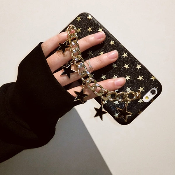 For  iPhone 8 & 7  Gold Stars Pattern Protective Back Cover Case with Metal Star Pandent Hand Chain(Black)