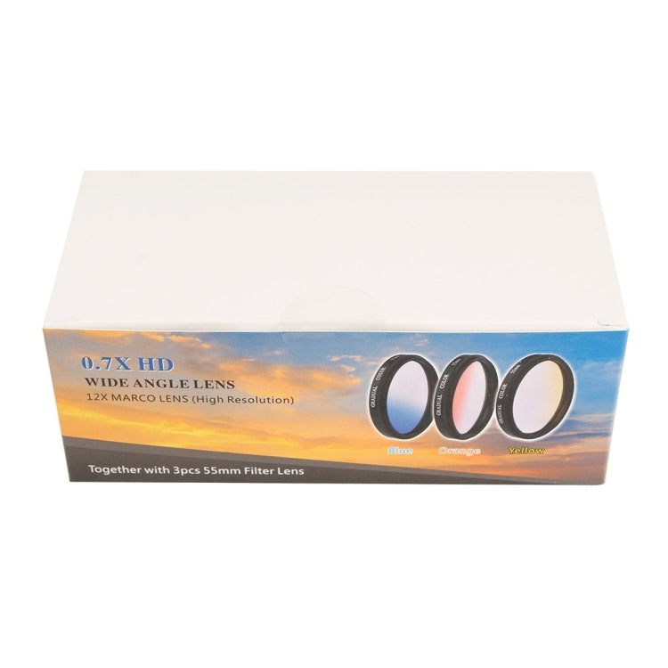 Universal Phone Lens 0.7X HD Super Wide Angle + Macro Lens + 55mm Lens Filter Kit (Blue + Yellow + Orange) with Clip, For iPhone, Samsung, HTC, Sony, Huawei, Xiaomi, Meizu