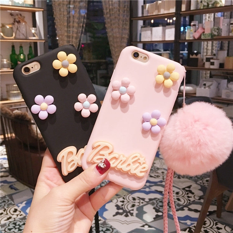 For  iPhone 8 & 7  3D Flower Pattern Furry Ball Silicone Protective Case with Sling (Pink)