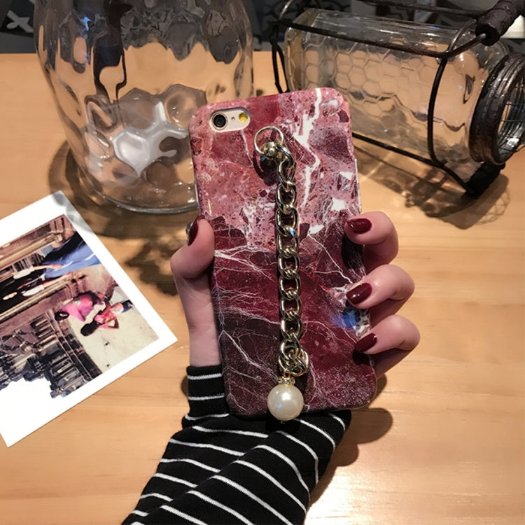 For  iPhone 8 & 7   Marble Pattern Full Coverage Hard Protective Back Cover Case with Pearls Hand Chain (Red)