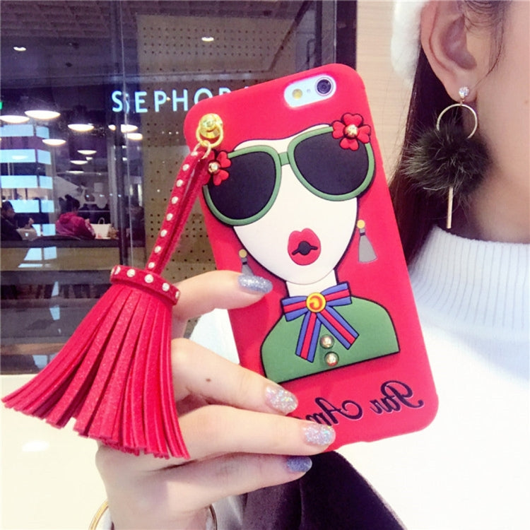 For  iPhone 8 & 7  Rivet Tassels Fashion Girl Pattern Soft TPU Protective Back Cover Case with Pendant