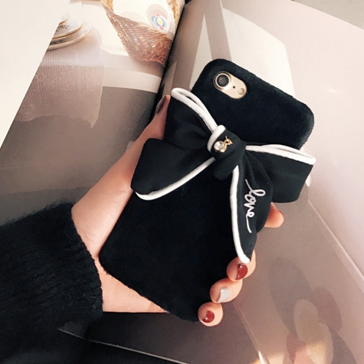 For  iPhone 8 & 7  3D Bowknot Plush Cloth Soft TPU Protective Back Cover Case (Black)