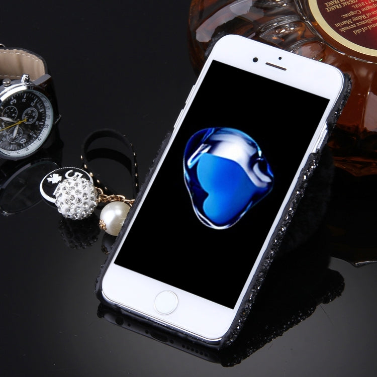 For  iPhone 8 & 7  Rabbit Fur Ball Twinkling Paillette Protective Back Cover Case with Pearl Pendant Lanyard(Black)