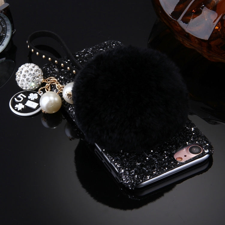 For  iPhone 8 & 7  Rabbit Fur Ball Twinkling Paillette Protective Back Cover Case with Pearl Pendant Lanyard(Black)