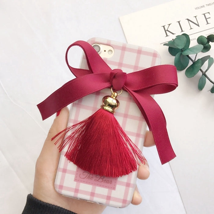 For  iPhone 8 & 7  3D Bowknot Lattice Pattern Soft TPU Protective Back Cover Case with Tassels Pendant