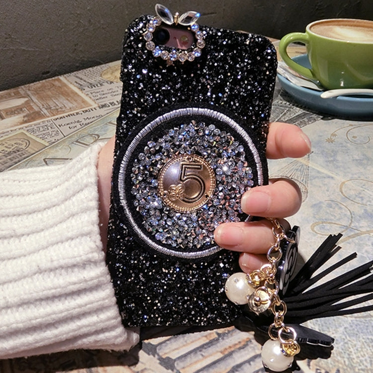 For  iPhone 8 & 7  Diamond Plastic Protective Back Cover Case with Flower Pandent(Black)
