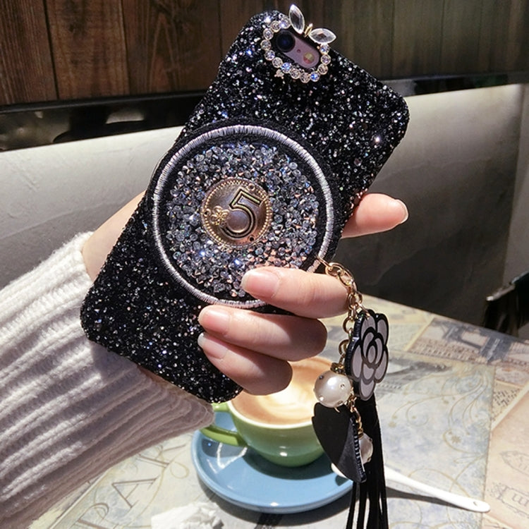 For  iPhone 8 & 7  Diamond Plastic Protective Back Cover Case with Flower Pandent(Black)