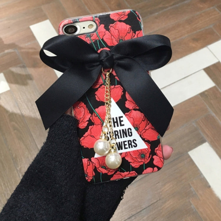 For  iPhone 8 & 7  Flower Pattern and Bowknot Full Coverage Soft Protective Back Cover Case with Pearl Pendant