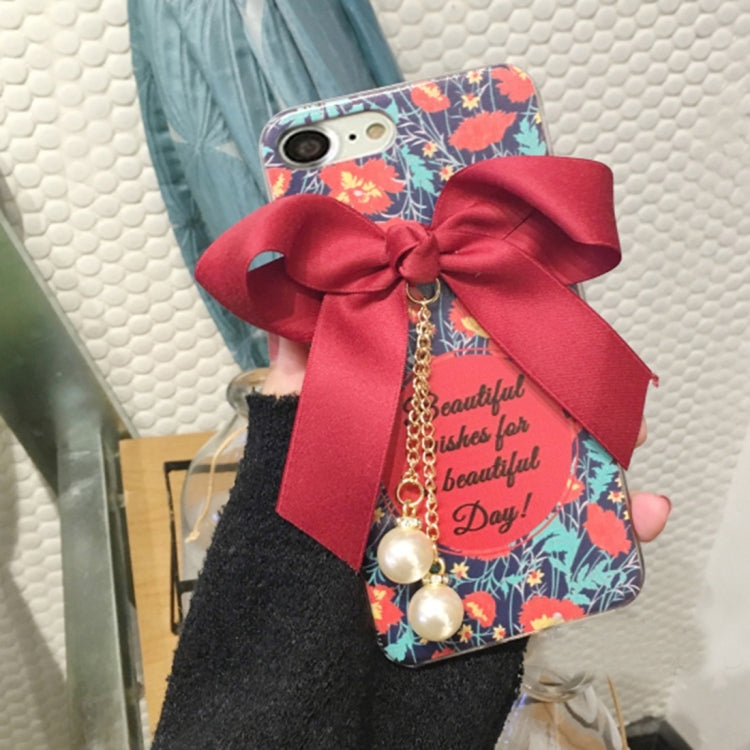 For  iPhone 8 & 7  Flower Pattern and Bowknot Full Coverage Soft Protective Back Cover Case with Pearl Pendant