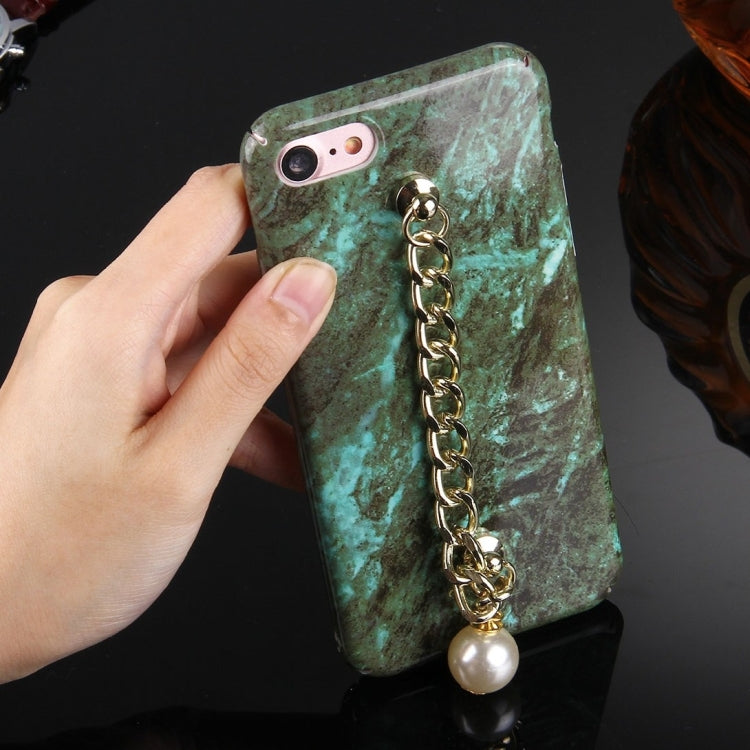 For  iPhone 8 & 7  Retro Marble Pattern Chain Pearl Pendant PC Protective Case