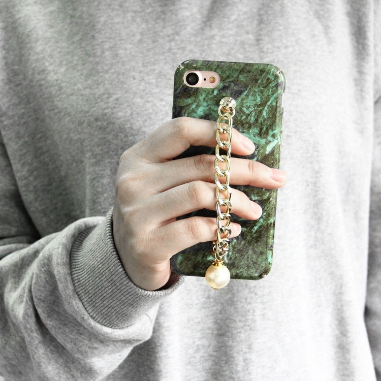 For  iPhone 8 & 7  Retro Marble Pattern Chain Pearl Pendant PC Protective Case