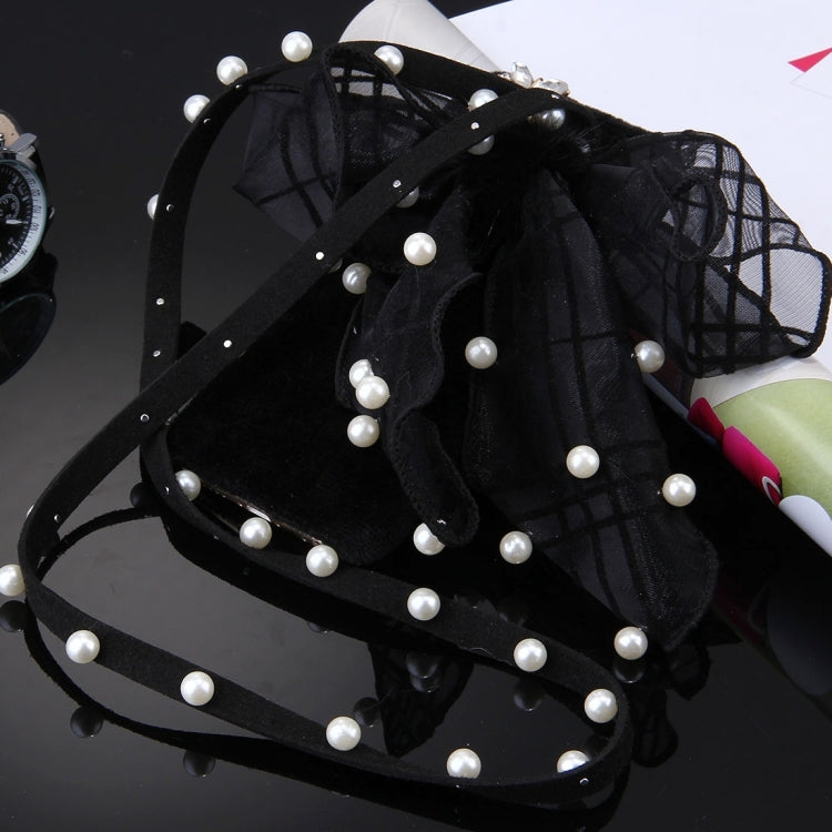 For  iPhone 8 & 7  3D Bowknot Plush Diamond Encrusted Protective Back Cover Case with Pearl Sling(Black)