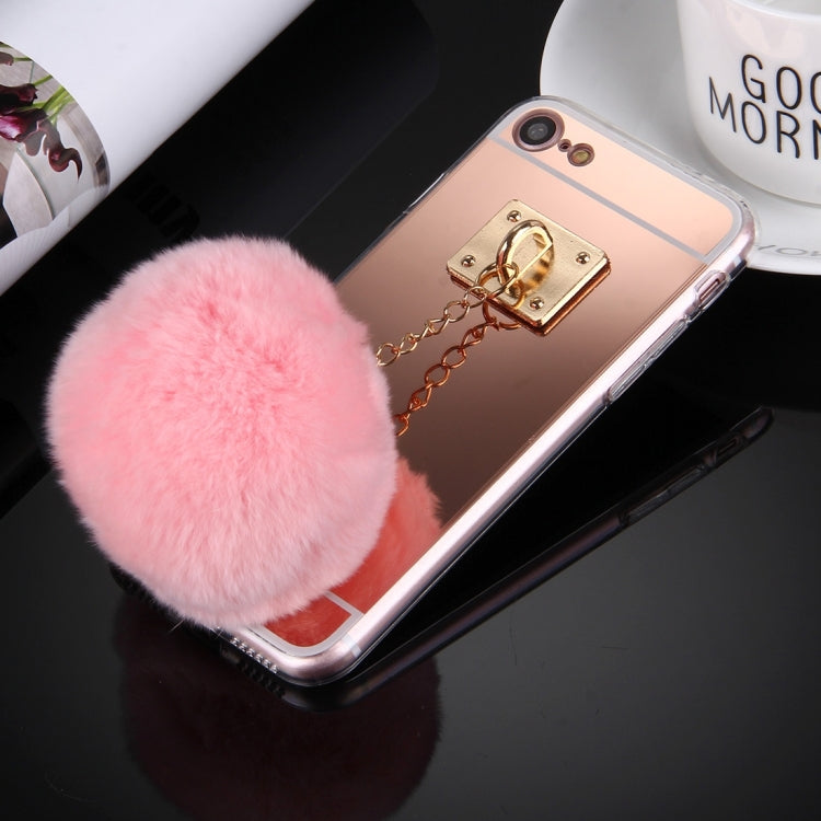 For  iPhone 8 & 7  Electroplating Mirror TPU Protective Cover Case with Furry Ball Chain Pendant
