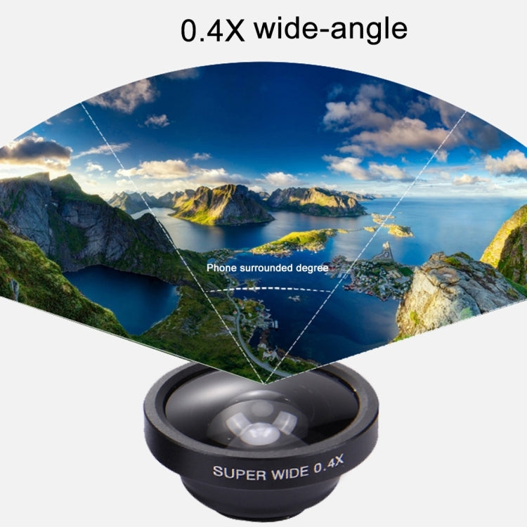 Universal 0.4X Super Wide Angle Lens+235 Degrees Fisheye Lens & 19X Macro+Telephoto Lens 2X+CPL Lens+Smiling Face Clip, For Tablets, iPhone, Samsung, Huawei, Xiaomi, HTC and Other Smartphones
