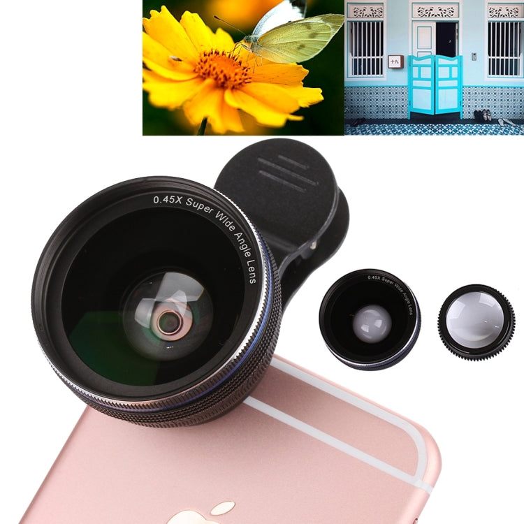 Universal 0.45X Wide Angle Lens + Macro Lens with Metal Clip, For iPhone, Samsung, HTC, Sony, Huawei, Xiaomi, Meizu(Black)