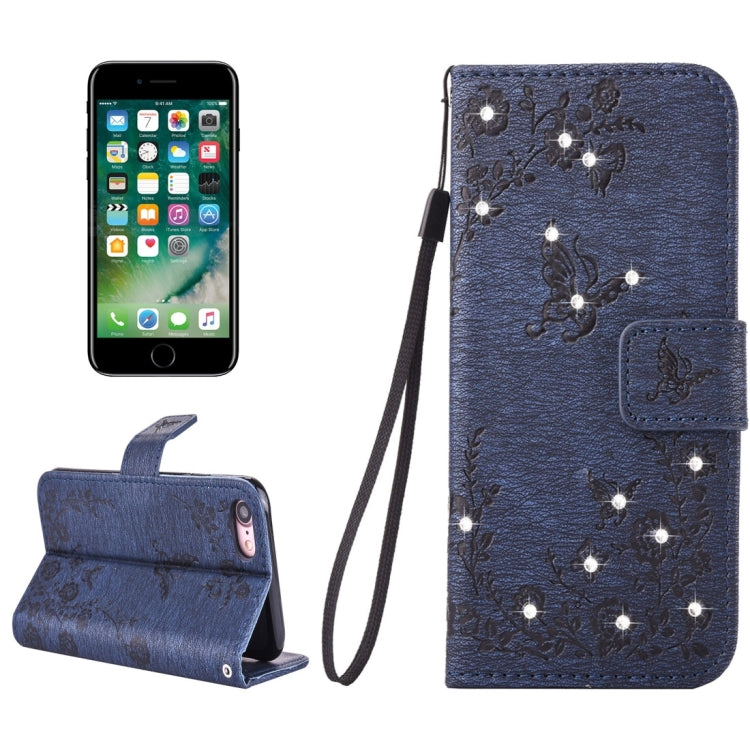 For  iPhone 8 & 7  Diamante Butteryfly Pressed Flowers Pattern Horizontal Flip Leather Case with Holder & Card Slots & Wallet & Lanyard