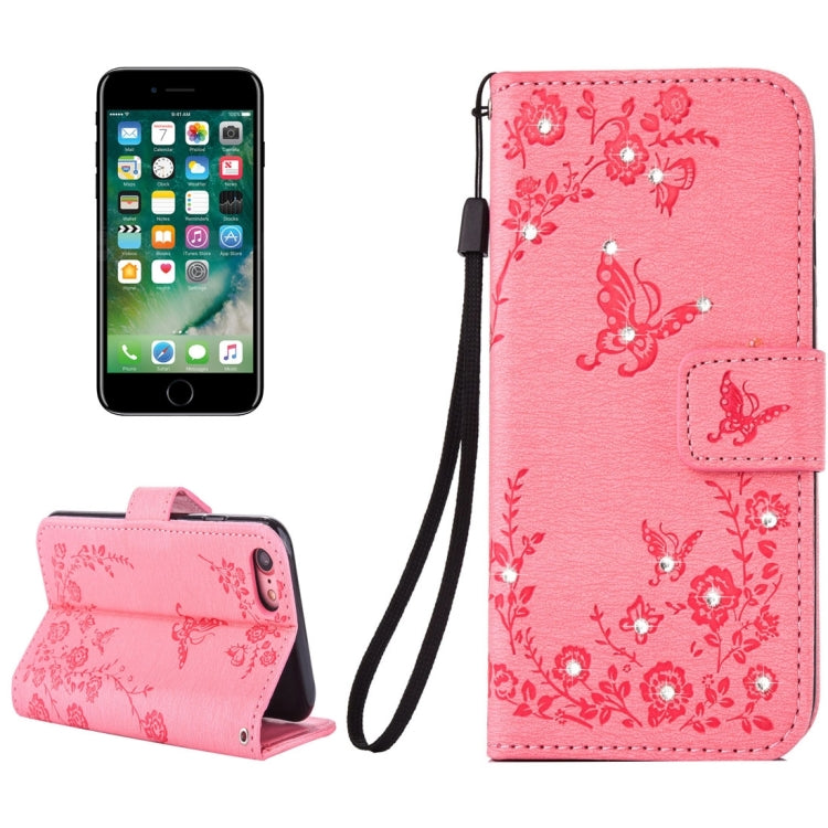 For  iPhone 8 & 7  Diamante Butteryfly Pressed Flowers Pattern Horizontal Flip Leather Case with Holder & Card Slots & Wallet & Lanyard