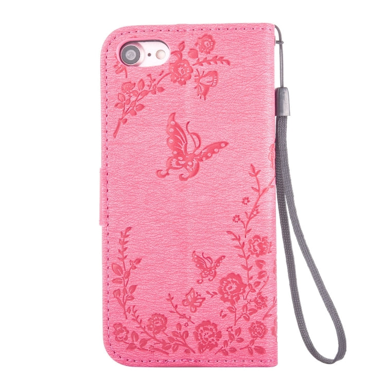 For  iPhone 8 & 7  Diamante Butteryfly Pressed Flowers Pattern Horizontal Flip Leather Case with Holder & Card Slots & Wallet & Lanyard