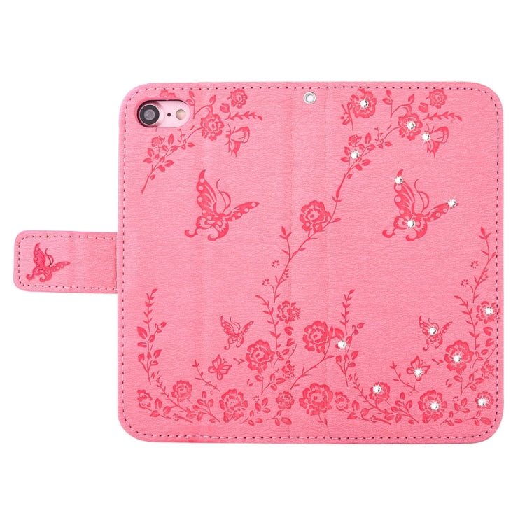 For  iPhone 8 & 7  Diamante Butteryfly Pressed Flowers Pattern Horizontal Flip Leather Case with Holder & Card Slots & Wallet & Lanyard