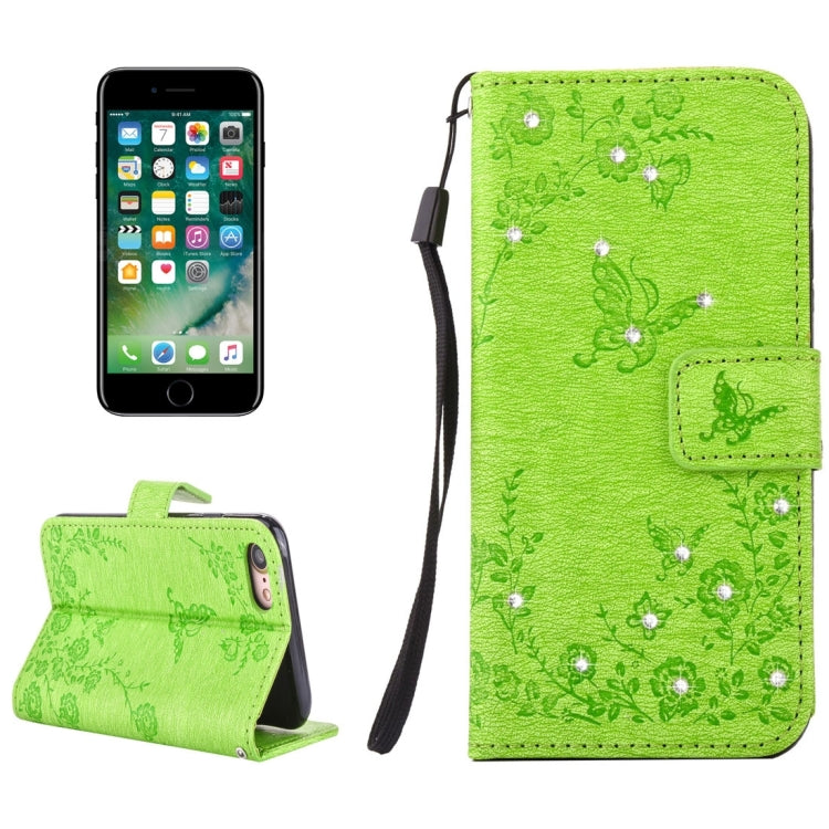 For  iPhone 8 & 7  Diamante Butteryfly Pressed Flowers Pattern Horizontal Flip Leather Case with Holder & Card Slots & Wallet & Lanyard