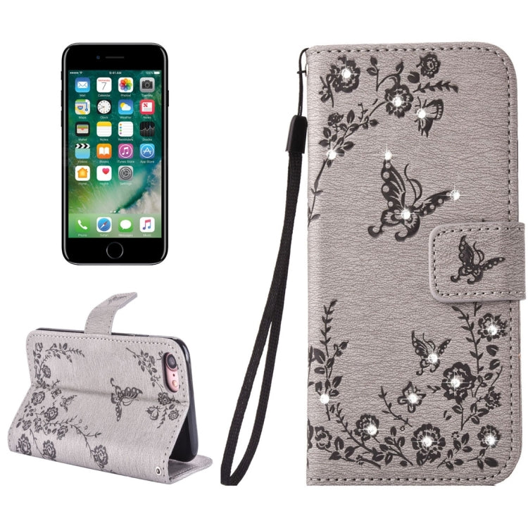 For  iPhone 8 & 7  Diamante Butteryfly Pressed Flowers Pattern Horizontal Flip Leather Case with Holder & Card Slots & Wallet & Lanyard