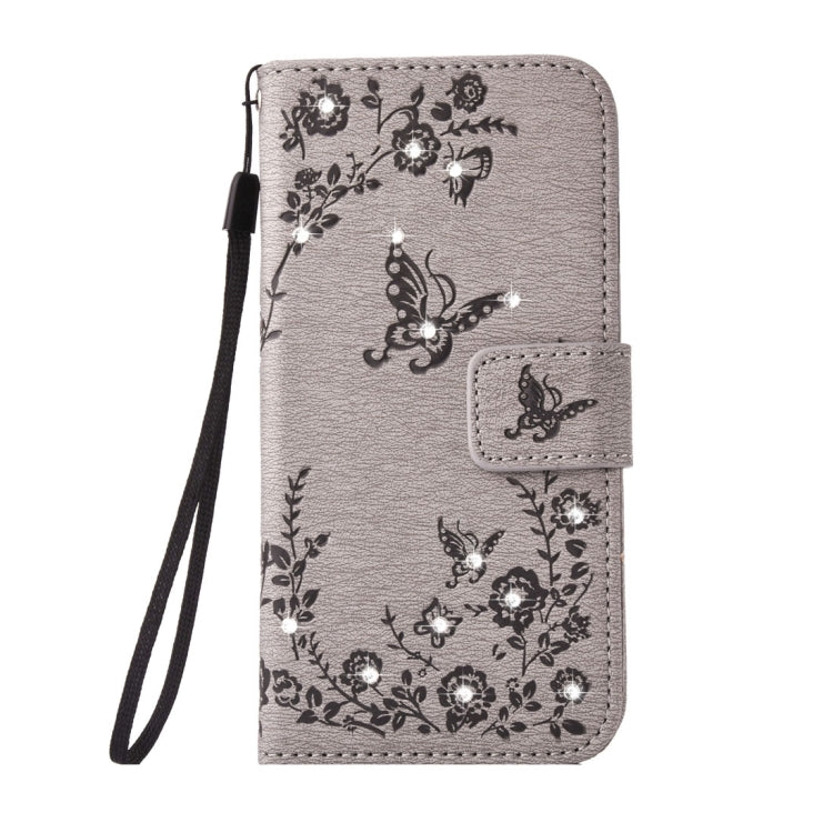 For  iPhone 8 & 7  Diamante Butteryfly Pressed Flowers Pattern Horizontal Flip Leather Case with Holder & Card Slots & Wallet & Lanyard