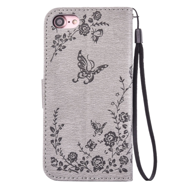 For  iPhone 8 & 7  Diamante Butteryfly Pressed Flowers Pattern Horizontal Flip Leather Case with Holder & Card Slots & Wallet & Lanyard