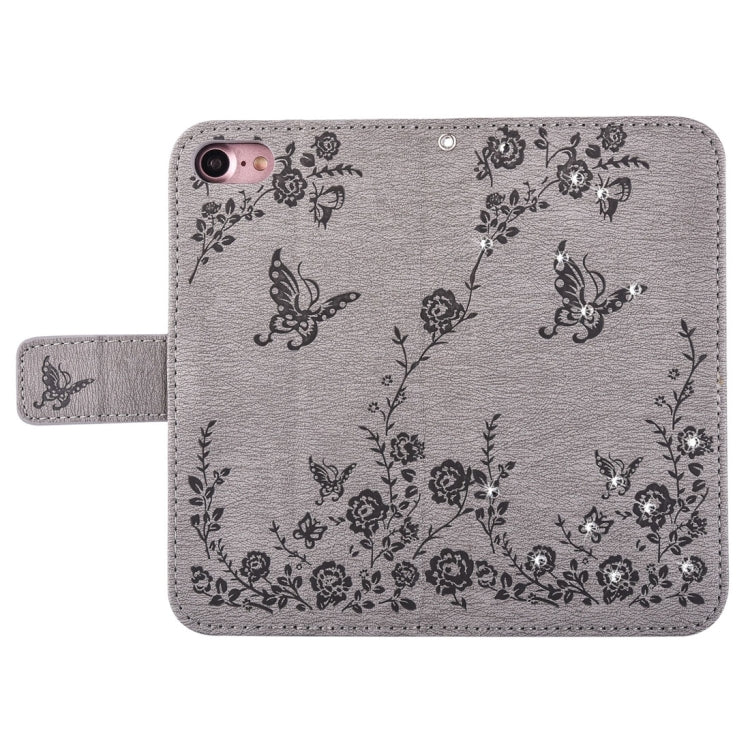 For  iPhone 8 & 7  Diamante Butteryfly Pressed Flowers Pattern Horizontal Flip Leather Case with Holder & Card Slots & Wallet & Lanyard