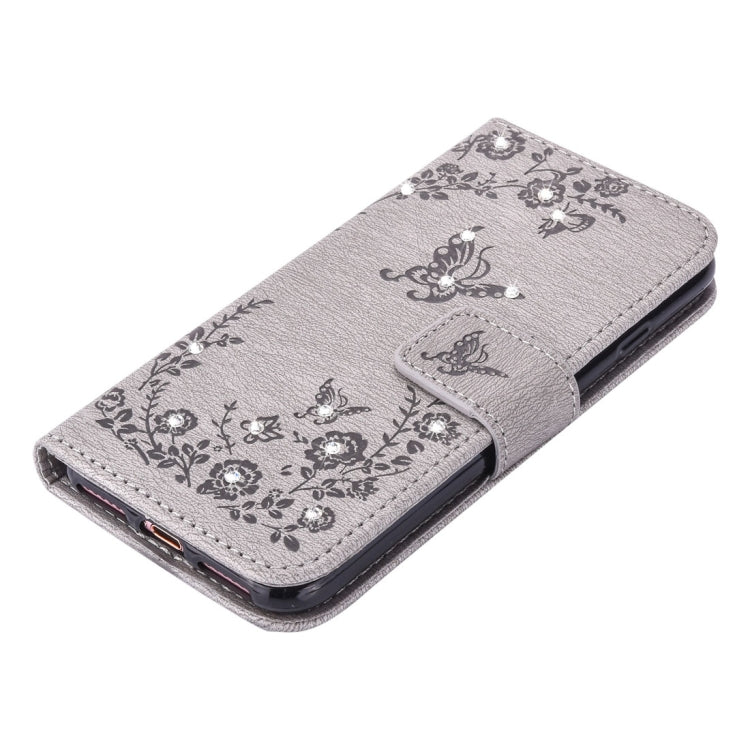 For  iPhone 8 & 7  Diamante Butteryfly Pressed Flowers Pattern Horizontal Flip Leather Case with Holder & Card Slots & Wallet & Lanyard