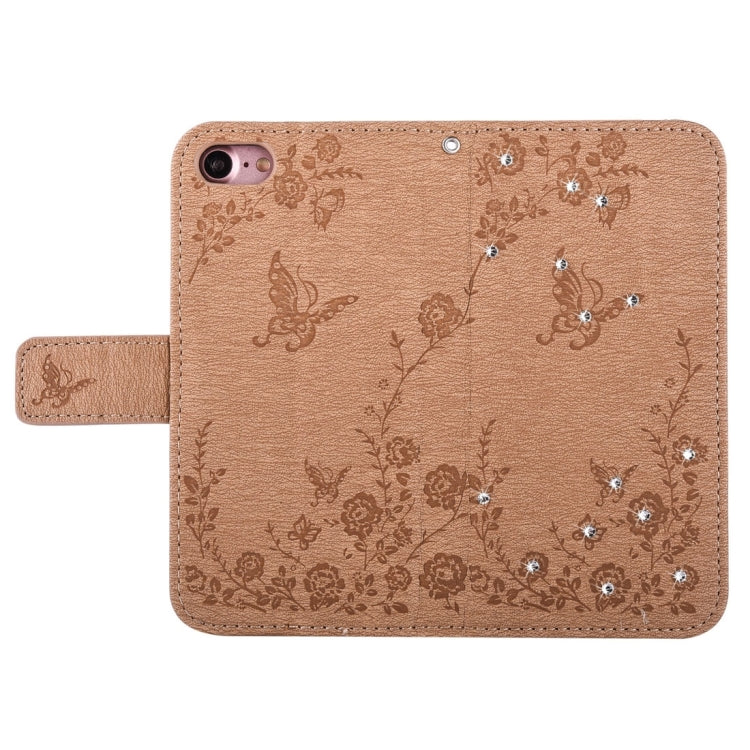 For  iPhone 8 & 7  Diamante Butteryfly Pressed Flowers Pattern Horizontal Flip Leather Case with Holder & Card Slots & Wallet & Lanyard