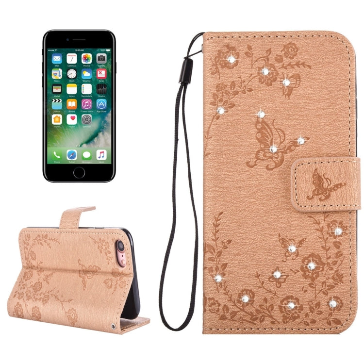 For  iPhone 8 & 7  Diamante Butteryfly Pressed Flowers Pattern Horizontal Flip Leather Case with Holder & Card Slots & Wallet & Lanyard
