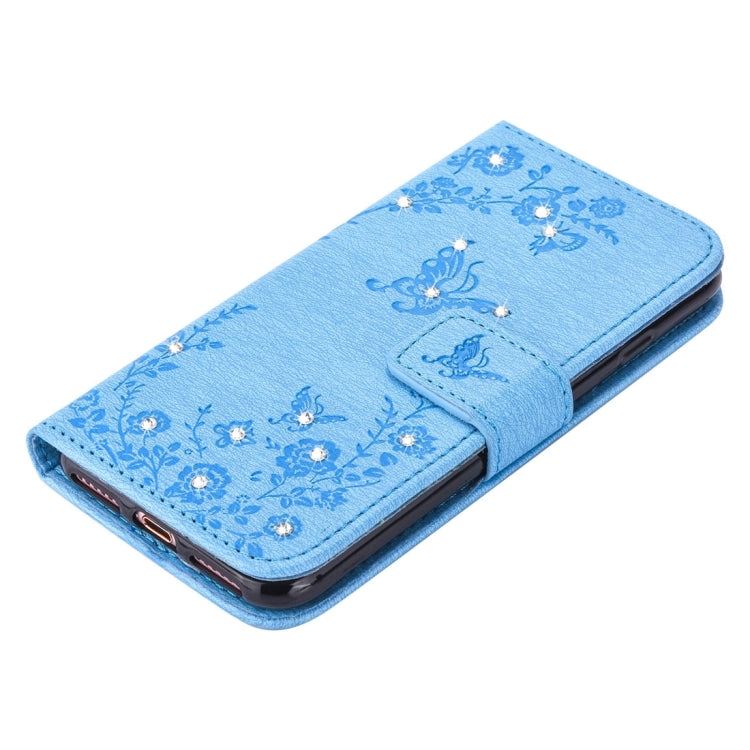 For  iPhone 8 & 7  Diamante Butteryfly Pressed Flowers Pattern Horizontal Flip Leather Case with Holder & Card Slots & Wallet & Lanyard