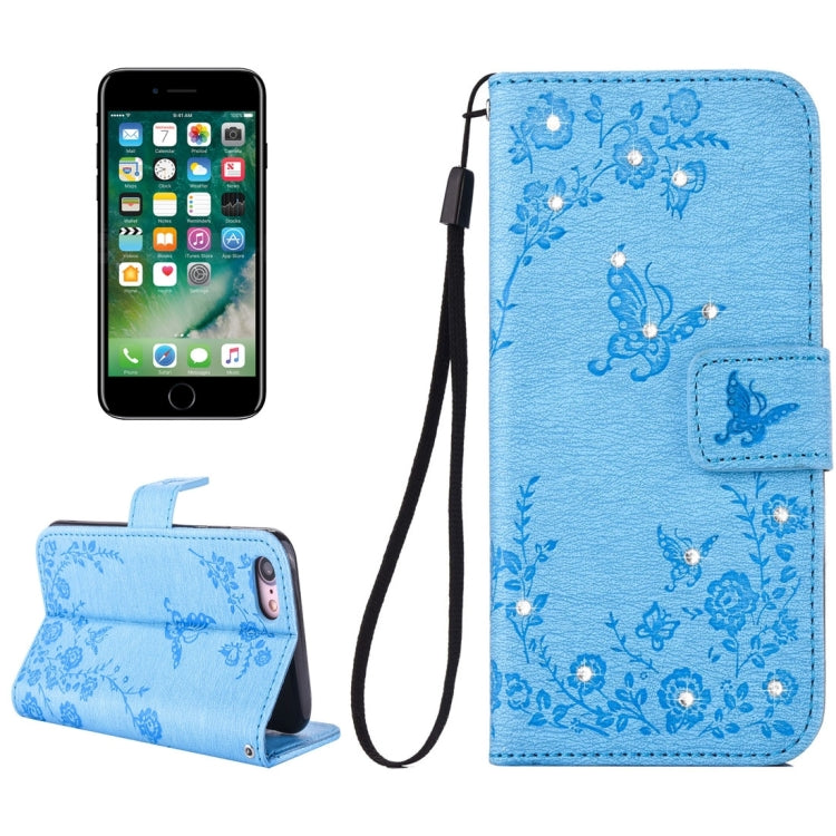 For  iPhone 8 & 7  Diamante Butteryfly Pressed Flowers Pattern Horizontal Flip Leather Case with Holder & Card Slots & Wallet & Lanyard