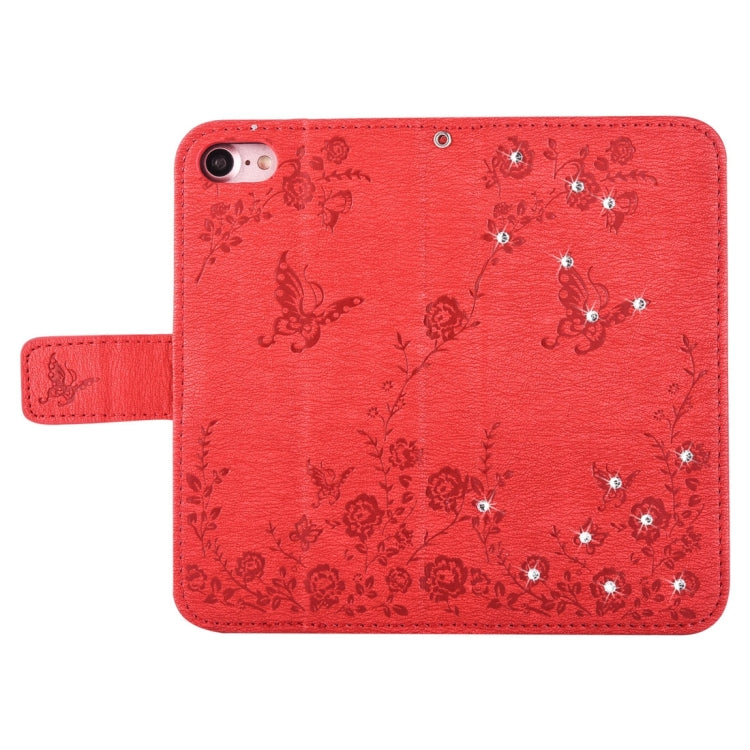 For  iPhone 8 & 7  Diamante Butteryfly Pressed Flowers Pattern Horizontal Flip Leather Case with Holder & Card Slots & Wallet & Lanyard